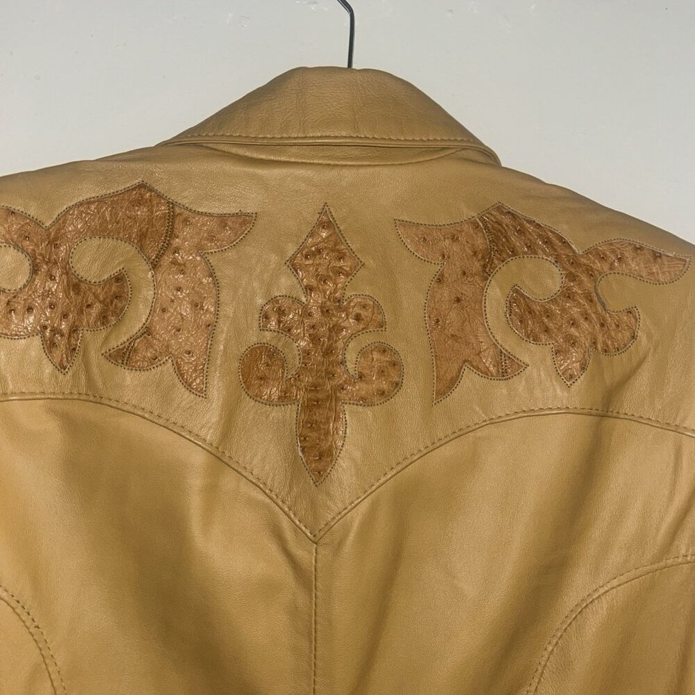 Vintage The Leather Factory Pharr Texas Embroidered Tan Leather Jacket Size 44 - Picture 6 of 12
